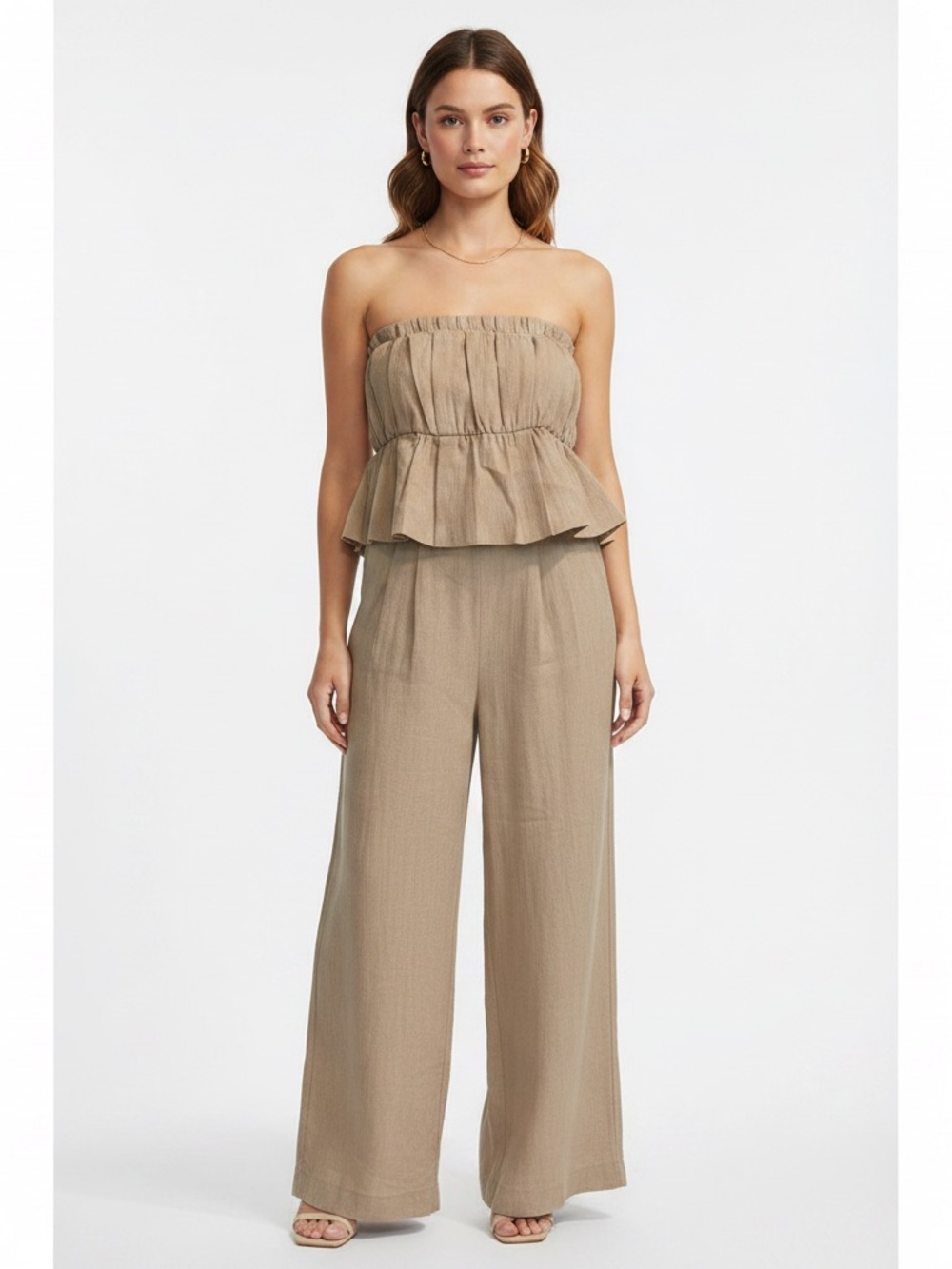 Gilli Strapless Ruffle Top Wide Leg Jumpsuit